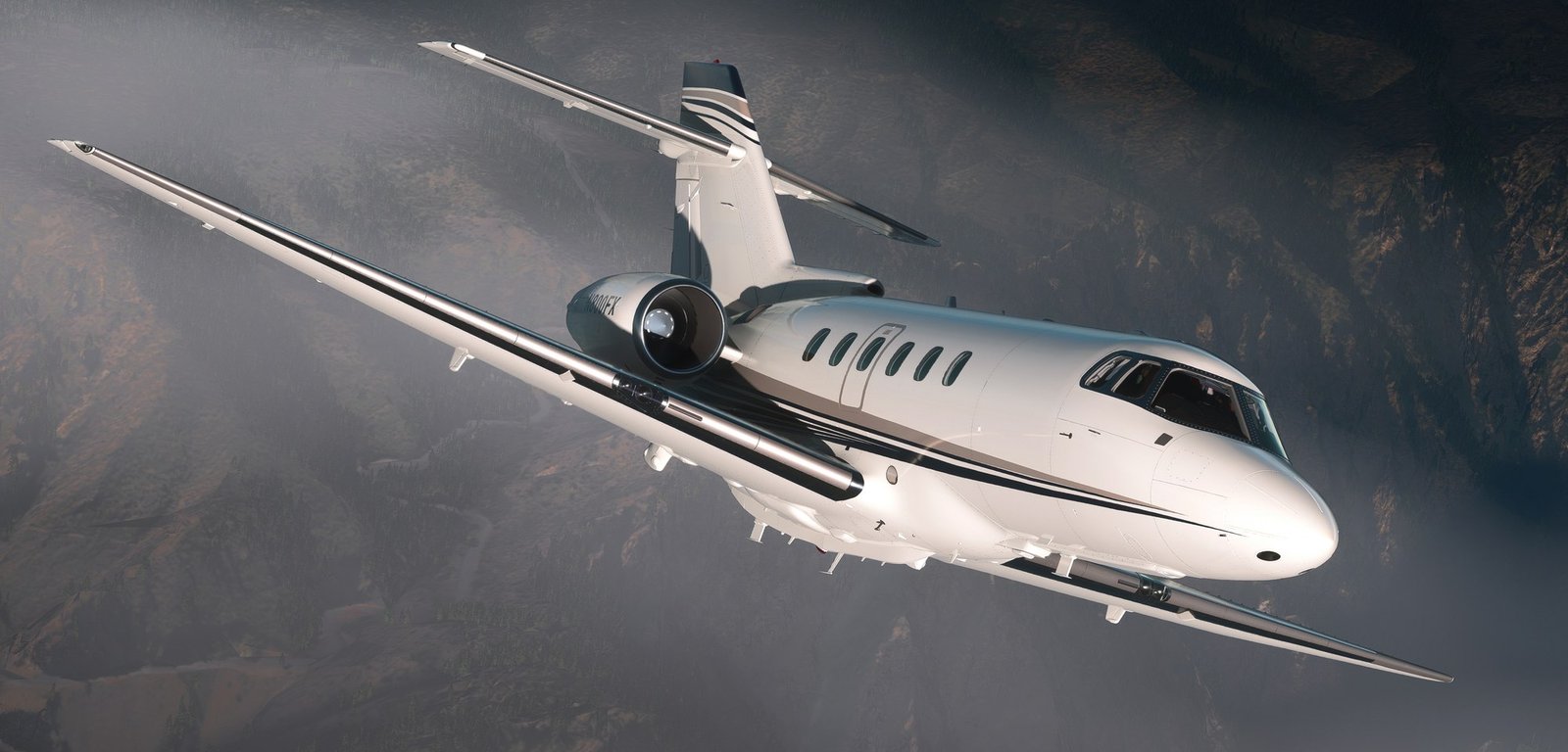 Hawker 800XP in FlightFX livery banking above mountainous terrain in Microsoft Flight Simulator 2024 